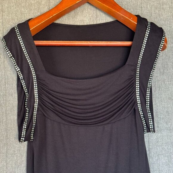 Vintage Y2K Miss Sixty Black Square Neckline Rhinestone Edged Long Fitted Top - Picture 4 of 15